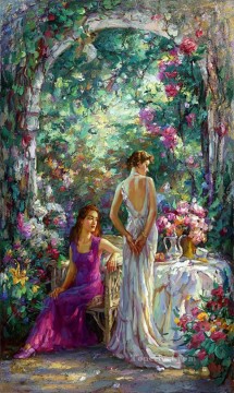Landscapes Painting - afternoon tea girls in garden